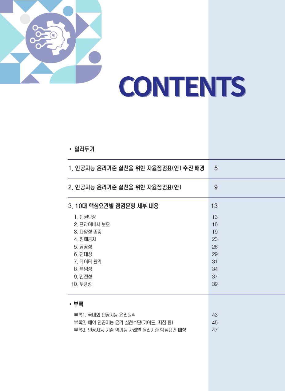 Contents 일러두기 1. 인공지능 윤리기준 실천을 위한 자율점검표(안) 추진 배경 2. 인공지능 윤리기준 실천을 위한 자율점검표(안) 3. 10대 핵심요건별 점검문항 세부 내용 ① 인권보장 ② 프라이버시 보호 ③ 다양성 존중 ④ 침해금지 ⑤ 공공성 ⑥ 연대성 ⑦ 데이터 관리 ⑧ 책임성 ⑨ 안전성 ⑩ 투명성 [부록1] 국내외 인공지능 윤리원칙 [부록2] 해외 인공지능 윤리 실천수단(가이드, 지침 등) [부록3] 인공지능 기술 역기능 사례별 윤리기준 핵심요건 매칭